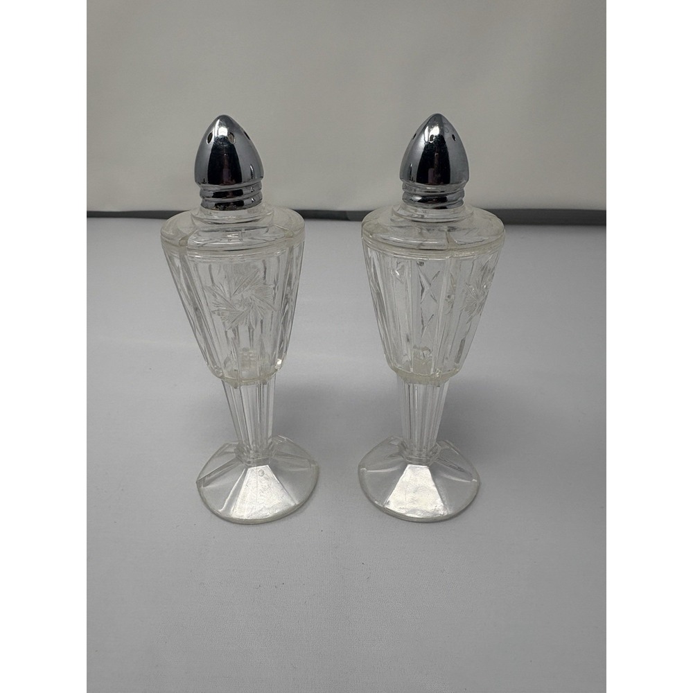 Vintage Art Deco Clear Acrylic Plastic Salt Pepper Shakers Chrome Tops Pedestal